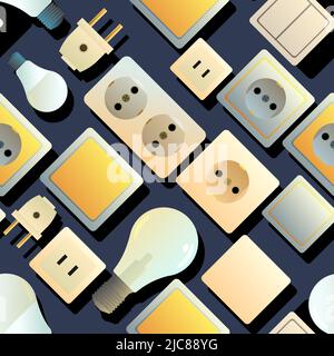 Sockets, switches and light bulbs. Electrical appliances for home network. Spare parts for work of an electrician. Seamless pattern. Vector Stock Vector