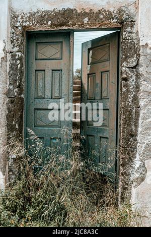 Lost and abandoned places: Ruin of a town house in Megalochori on Santorini island Stock Photo