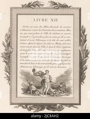 Thirteen-line French text titled 'Livre XII' with an illustration below of an allegorical figure holding two cornucopias, a cow on her left and a lion on her right. The whole is framed by an ornamental frame with olive branches and at the bottom a bow. Framed French text with olive branches and allegorical figure, print maker: Jean-Baptiste Tilliard, publisher: Pierre Didot, publisher: Louis-François Barrois, print maker: France, publisher: Paris, publisher: Paris, publisher: Paris, publisher: Paris, publisher: Paris, 1785, paper, etching, engraving, h 313 mm × w 241 mm Stock Photo