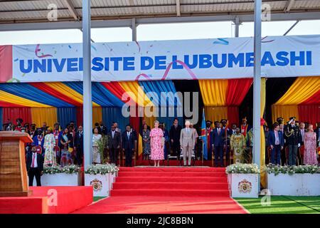 DR Congo. 10th June, 2022. DRC Congo second day Lady Denise Nyakeru, DRC Congo President Felix Tshisekedi, Queen Mathilde of Belgium and King Philippe - Filip of Belgium -speech of the king Philippe at the university of Lubumbashi - during an official visit of the Belgian Royal couple to the Democratic Republic of Congo, 10 of June 2022, in Kinshasa. The Belgian King and Queen will be visiting Kinshasa, Lubumbashi and Bukavu from June 7th to June 13th. Photo by Olivier Polet/ABACAPRESS.COM Credit: Abaca Press/Alamy Live News