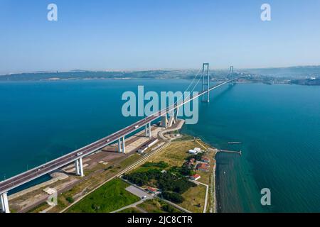 Osmangazi Bridge (Izmit Bay Bridge). IZMIT, KOCAELI, TURKEY. Aerial shot with drone.