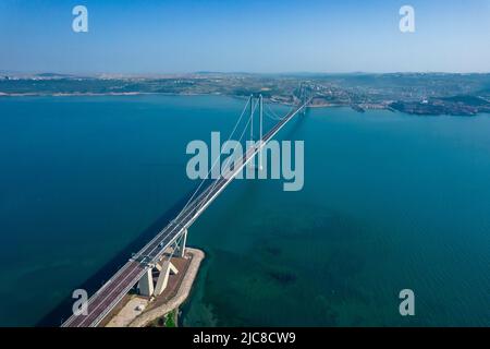 Osmangazi Bridge (Izmit Bay Bridge). IZMIT, KOCAELI, TURKEY. Aerial shot with drone.