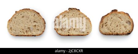 three slices wheat bread isolated on white background, fresh bread with crispy crust, top view Stock Photo