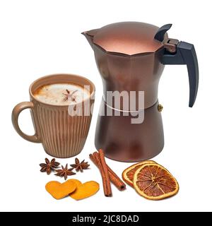 Geyser coffee maker and a cup of coffee with spices. Star anise, cinnamon and hearts from an orange peel on a white background. Stock Photo