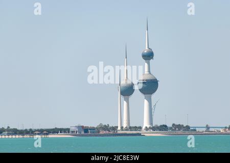 The Kuwait Towers are a group of three thin towers in Kuwait City, standing on a promontory into the Persian Gulf Stock Photo