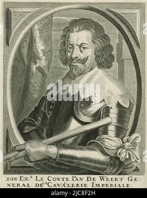 Bust portrait of Jan de Weert. He wears armor and a bow around his left arm. In his left hand he holds a command staff. The portrait is framed in an oval frame with square border work. In the margin, a two-line caption in French, Portrait of Count Jan de Weert Theatre of bishops, emperors, kings, dukes, princes, etc. . Theatrum pontificum, imperatorum, regum, ducum, principum, etc. , print maker: Pieter de Jode (II), (mentioned on object), Antwerp, 1628 - 1670, paper, engraving, etching, h 162 mm × w 119 mm Stock Photo
