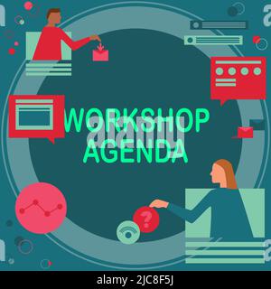 Sign displaying Workshop Agenda. Business overview helps you to ensure that your place stays on schedule Colleagues Having Online Meeting Discussing Stock Photo