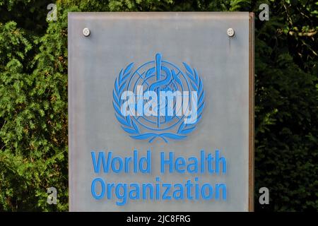 Geneva Switzerland - may 30, 2022 : sign and logo of The World Health Organization (WHO/OMS) on the headquarter building Stock Photo