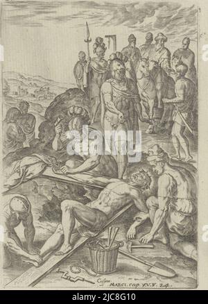 Book illustration of the story of the crucifixion of Christ (Mark 15:24). Roman soldiers crucify Christ and take away his cloak. The print includes a caption with a reference to the accompanying Bible passage. Crucifixion of Christ Scenes from the Bible Biblia Sacra , print maker: Johannes Wierix, (mentioned on object), Crispijn van den Broeck, (mentioned on object), Christoffel Plantijn, Antwerp, 1583, paper, engraving, h 169 mm × w 115 mm Stock Photo