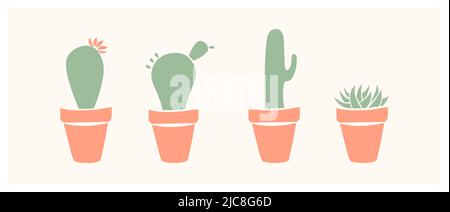 Set of cute cactus and succulents, vector illustration in flat style Stock Photo