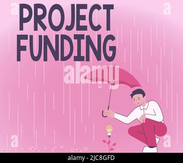 Conceptual display Project Funding. Business idea paying for start up in order make it bigger and successful Gentleman Holding Umbrella Growing Flower Stock Photo