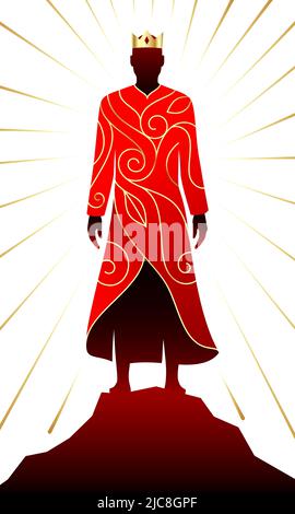 Black king standing up on a rocky hill with a golden crown, and ornamental embroidered red coat. Black mythical hero, vector illustration. Stock Vector