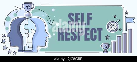 Text caption presenting Self Respect. Word for Pride and confidence in oneself Stand up for yourself Two Heads Connected Puzzle Showing Solving Stock Photo