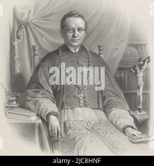 The person portrayed is sitting on a chair and leaning with his right arm on a table next to him. On it lies a closed book and an inkstand. In his left hand he holds a closed Bible. To his right is a crucifix, behind him a bookcase and a curtain. He wears choir attire, including a pectoral, bonnet, and superplie. Portrait of Bishop Jacobus Franciscus van Vree, print maker: Wilhelmus Cornelis Chimaer van Oudendorp, (mentioned on object), Netherlands, 1832 - 1873, paper, h 500 mm - w 330 mm Stock Photo