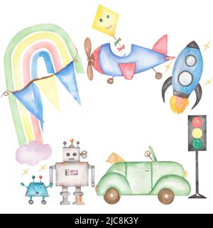 Baby Transport Toys Wreath Clipart, Watercolor Cute Kids Frame, Vintage Robots toys illustration, Newborn Rainbow clip art, Card printing, Baby Shower Stock Photo