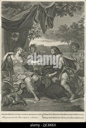 Meleager gives the head of the Calydonian boar to Atalanta. In the margin the title in French, English, German and Dutch. The scene is decorated with an ornamental border, Meleager and Atalanta, print maker: Bernard Picart, (workshop of), Bernard Picart, Amsterdam, 1733, paper, etching, engraving, h 250 mm × w 175 mm × h 352 mm × w 253 mm Stock Photo