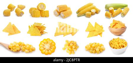 Set of tasty corn with chips on white background Stock Photo