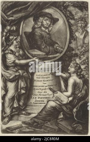 Title page for 'Catalogue of an excellent cabinet of drawings, and beautiful prints', with a portrait of Jan Pietersz Zomer, held by Minerva. The personification of painting writes the title of the book on a pedestal, Title page for Jan Pietersz Zomers' 'Catalogue of an excellent cabinet of drawings, and fine prints' 1720, print maker: Arnoud van Halen, (mentioned on object), Amsterdam, 1720, paper, engraving, h 155 mm × w 103 mm Stock Photo