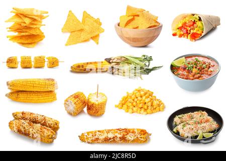 Set of tasty dishes from corn on white background Stock Photo