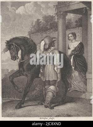 A woman stands next to a column of a building in a landscape. In front of her is a man, seen from behind, standing next to a horse. Rider standing next to his horse near a woman next to a column The Farewell , print maker: Philippus Velijn, (mentioned on object), Netherlands, 1832, paper, etching, engraving, h 114 mm × w 74 mm Stock Photo