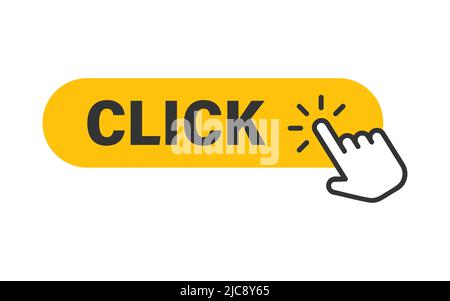 Click here icon in flat style. Pointer clicking vector illustration on isolated background. Web button sign business concept. Stock Vector