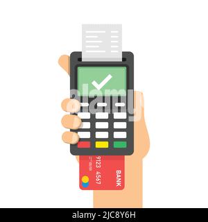 Male hand holding POS payment machine icon in flat style. Online payment vector illustration on isolated background. Banking transaction sign business Stock Vector