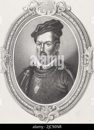 The oval portrait is framed with an ornament border. Below the portrait the name of the person portrayed. Portrait of Luis de Requesens y Zniga Series of nine rulers , print maker: anonymous, printer: Hilmar Johannes Backer, Dordrecht, 1822 - 1845, paper, h 348 mm × w 150 mm Stock Photo