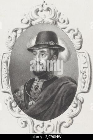 The oval portrait is framed with an ornament border. The person portrayed wears a chain with the Order of the Golden Fleece. Beneath the portrait his name, Portrait of Philip II Series of nine rulers , print maker: anonymous, printer: Hilmar Johannes Backer, Dordrecht, 1822 - 1845, paper, h 235 mm × w 150 mm Stock Photo