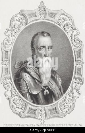 The oval portrait is framed with an ornament border. He bears the Order of the Golden Fleece. Below the portrait the name of the person being portrayed, Portrait of Fernando Alvarez de Toledo Series of Nine Rulers , print maker: anonymous, printer: Hilmar Johannes Backer, Dordrecht, 1822 - 1845, paper, h 235 mm × w 155 mm Stock Photo