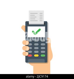 Male hand holding POS payment machine icon in flat style. Online payment vector illustration on isolated background. Banking transaction sign business Stock Vector