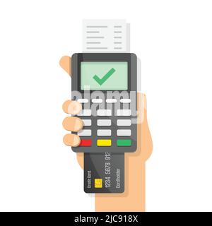 Male hand holding POS payment machine icon in flat style. Online payment vector illustration on isolated background. Banking transaction sign business Stock Vector