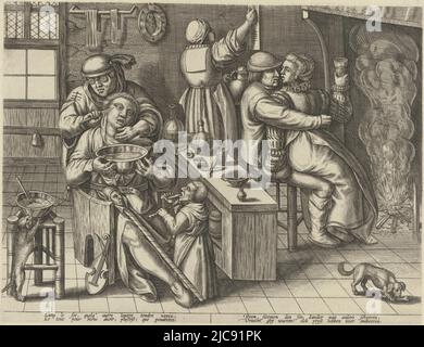 In a room before the fireplace, a woman sits on the lap of a man who embraces her. In one hand she holds a glass of wine, the other she puts in his purse. The innkeeper is keeping track of the kerfuffle. In the foreground, a man, referred to by his jester's staff as foolish or crazy, is shaved by a barber. Below the scene a two-line verse in French and Dutch. 'Shaving the fool' was a common ritual at jester festivals in the 16th century: shaving the heads of criminals, vagabonds and lunatics so that they could be identified as such.', Shaving the fool, print maker: anonymous, Low Countries Stock Photo
