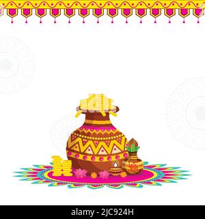 Vector Illustration Of Golden Treasure Pot With Traditional Pot (Kalash), Lit Oil Lamp (Diya), Lotus Flowers And Copy Space On White Background. Stock Vector