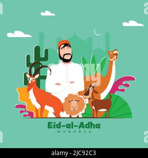 Eid-Al-Adha Mubarak Greeting Card With Islamic Man Character, Animal And Cactus Plant On Green Silhouette Mosque Background. Stock Vector