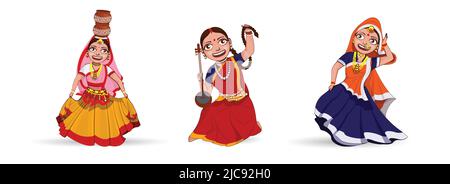 Three Young Women Wearing Traditional Attire In Three Classical Dance. Stock Vector