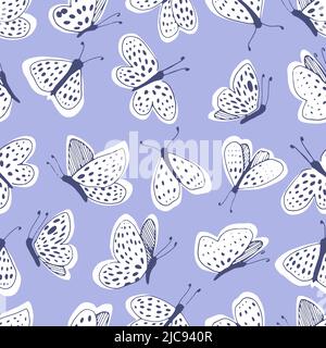 White moths on a blue background vector seamless pattern. Line and spot. Stock Vector