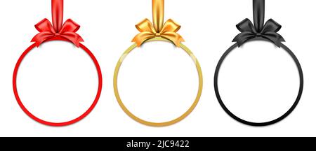Red, golden, and black vector circle gift frame with bow and ribbon, isolated on white background. Stock Vector