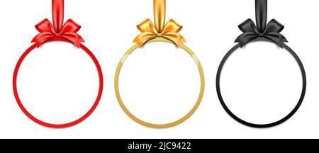 Red, golden, and black vector circle gift frame with bow and ribbon, isolated on white background. Stock Vector