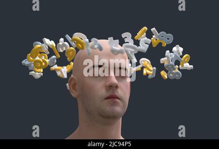 man with digits orbiting around his head Stock Photo