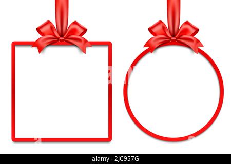 Square and round shape red giftbox vector frame set with satin ribbon, isolated on white background. Stock Vector