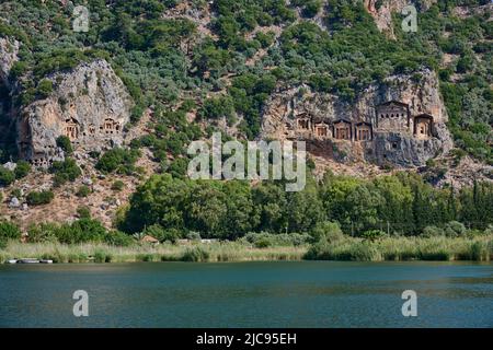 Lycian rock tombs in a rock face of Dalyan, Turkey Stock Photo