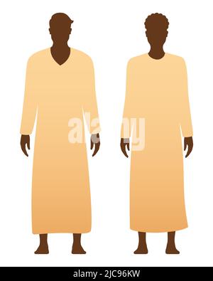 Man and woman in a traditional muslim Thawb ethnic dresses, standing isolated on a white background. Arabic Dishdahsa, Kandourah, Jubbah clothing vector illustration. Stock Vector
