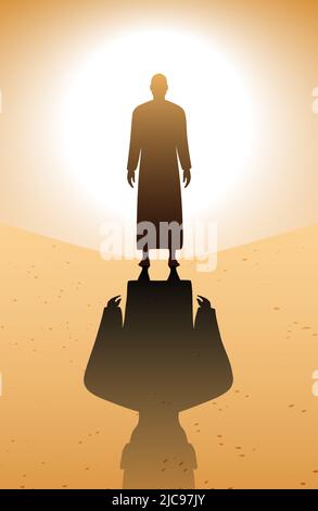 Man dressed in a robe standing on a sandy landscape and big bright sun background, conceptual vector illustration. Stock Vector