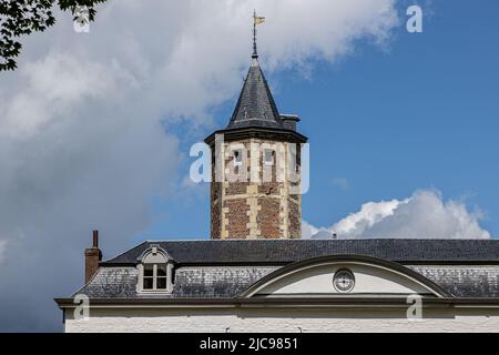 Municipality of Maastricht, South Limburg, Netherlands. June 6, 2022. Brick tower with its dome of the Jerusalem castle from the 16th century, gray ro Stock Photo