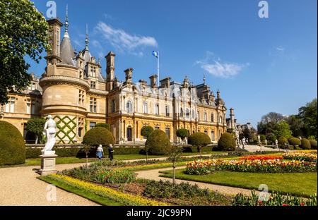 Terrace and parterre garden in spring at Waddesdon Manor, a Grade I listed country house, built in Neo-Renaissance style, Buckinghamshire, England, UK Stock Photo