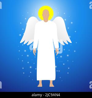 White angel with a round yellow halo, and shimmering lights on a blue background, vector cartoon illustration. Stock Vector