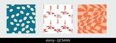 Set of retro 70s seamless pattern. Floral, swirl, mushrooms, peace symbol, camomile, smile. Clockwork design in the style of the seventies. Stock Vector