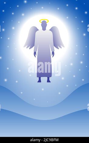 Angel flying in the sky on a blue starry night sky background with a moon, vector cartoon illustration. Stock Vector