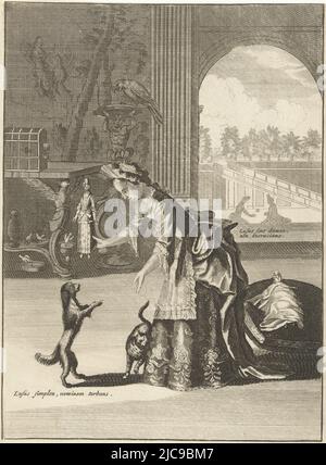 A girl is playing with her dolls and pets. In front of her a dog stands on its hind legs, around her skirts a cat prowls. Outside in the garden, two children are playing with a ball. Print from a series of four prints depicting the stages of a woman's life, Girl Pvella The four ages of a woman , print maker: Pieter van den Berge, (possibly), Pieter van den Berge, publisher: Pieter Schenk (I), (mentioned on object), Amsterdam, 1694 - 1737, paper, etching, engraving, h 265 mm × w 186 mm Stock Photo