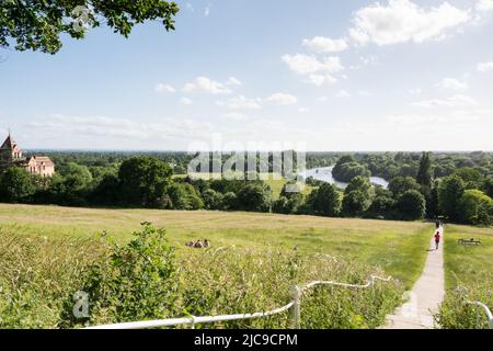 Meadowland and pasture on Richmond Hill leading down to Petersham and the River Thames, Richmond, TW10, England, UK Stock Photo